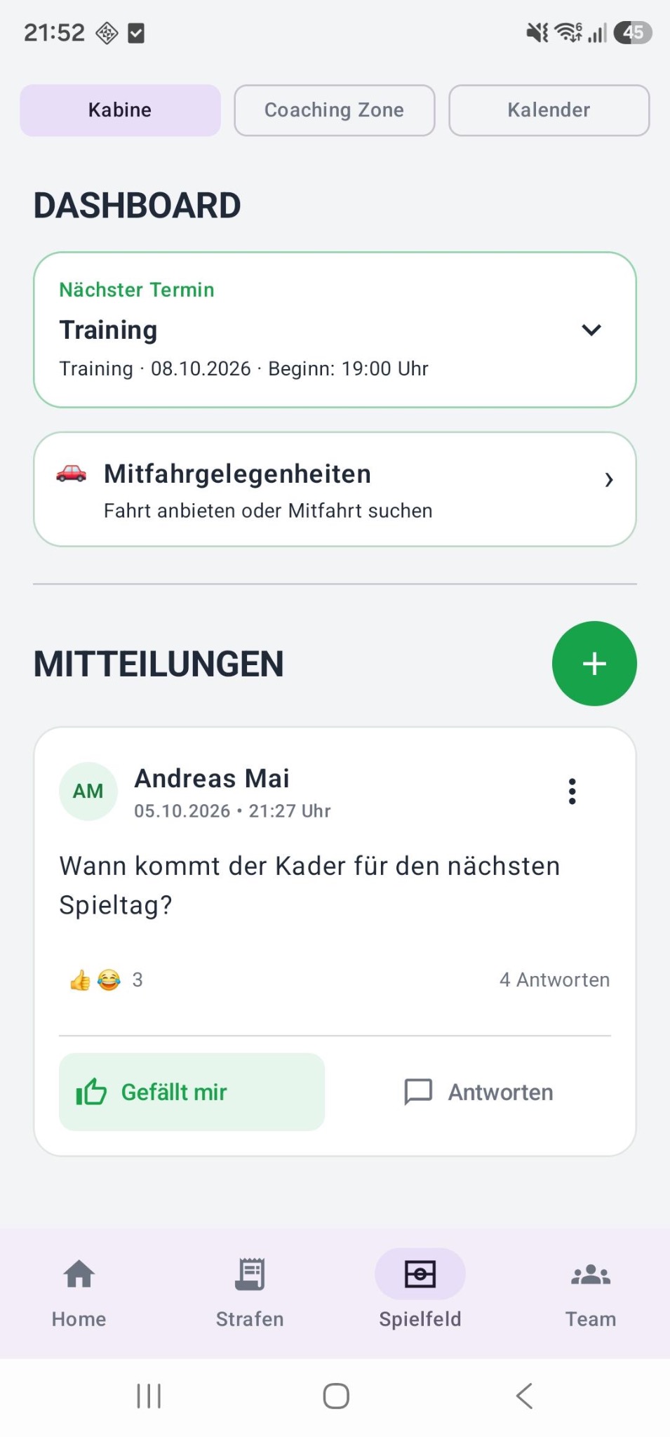 Treasly. Spielfeld mit Kabine und Mitteilungen