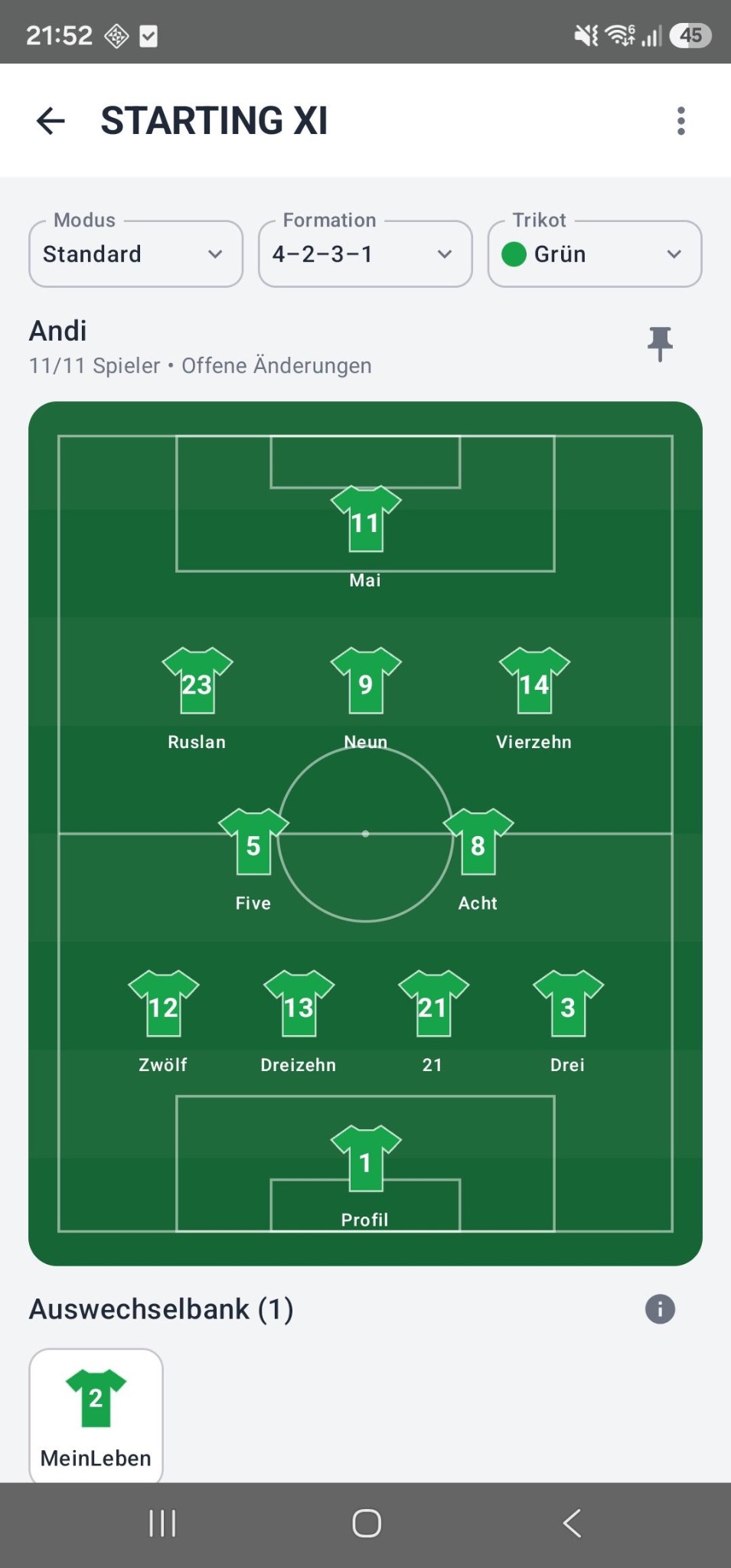 Treasly. Starting XI auf dem Spielfeld